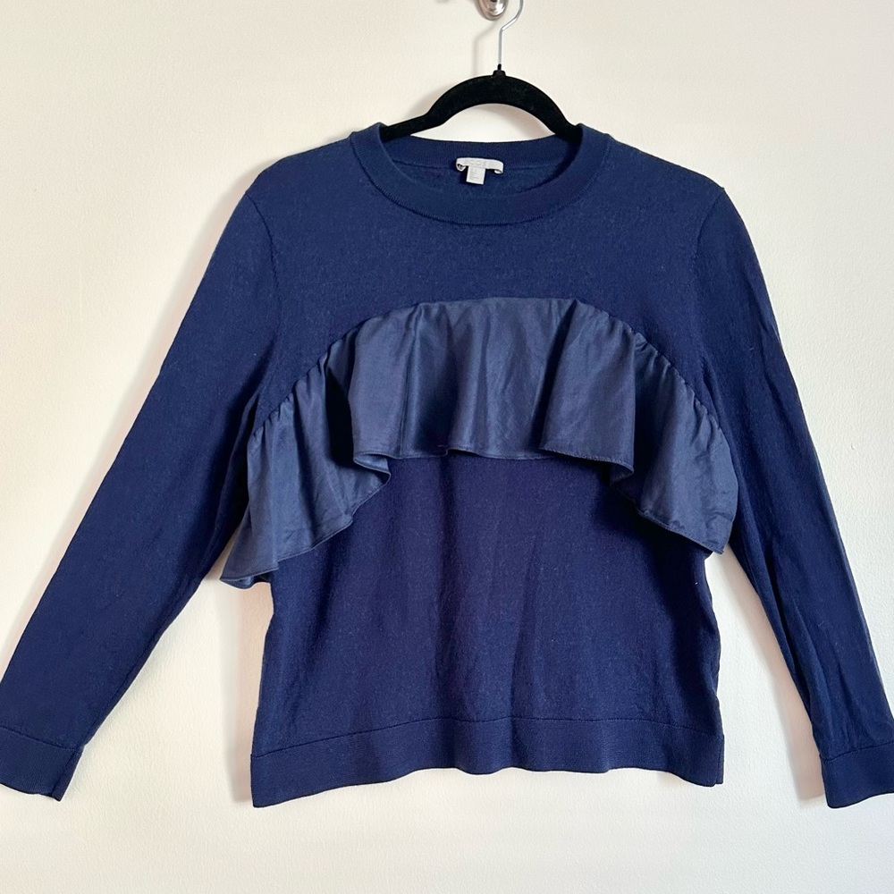 COS 100% Wool Navy Blue Long Sleeve Ruffle Crewneck Sweater